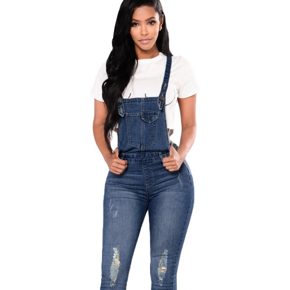 Distressed Skinny Denim Overalls